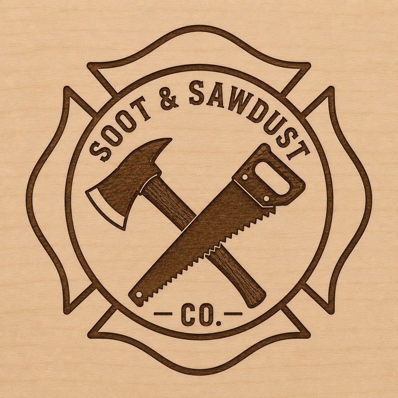 Soot & Sawdust Co. logo engraved in wood