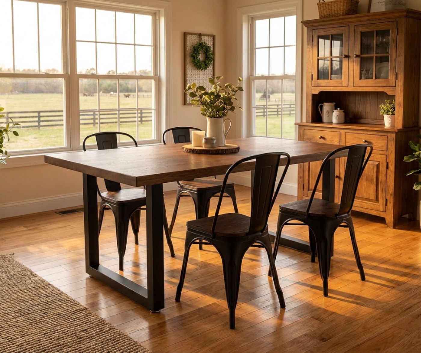 Wood table on steel U-shaped legs
