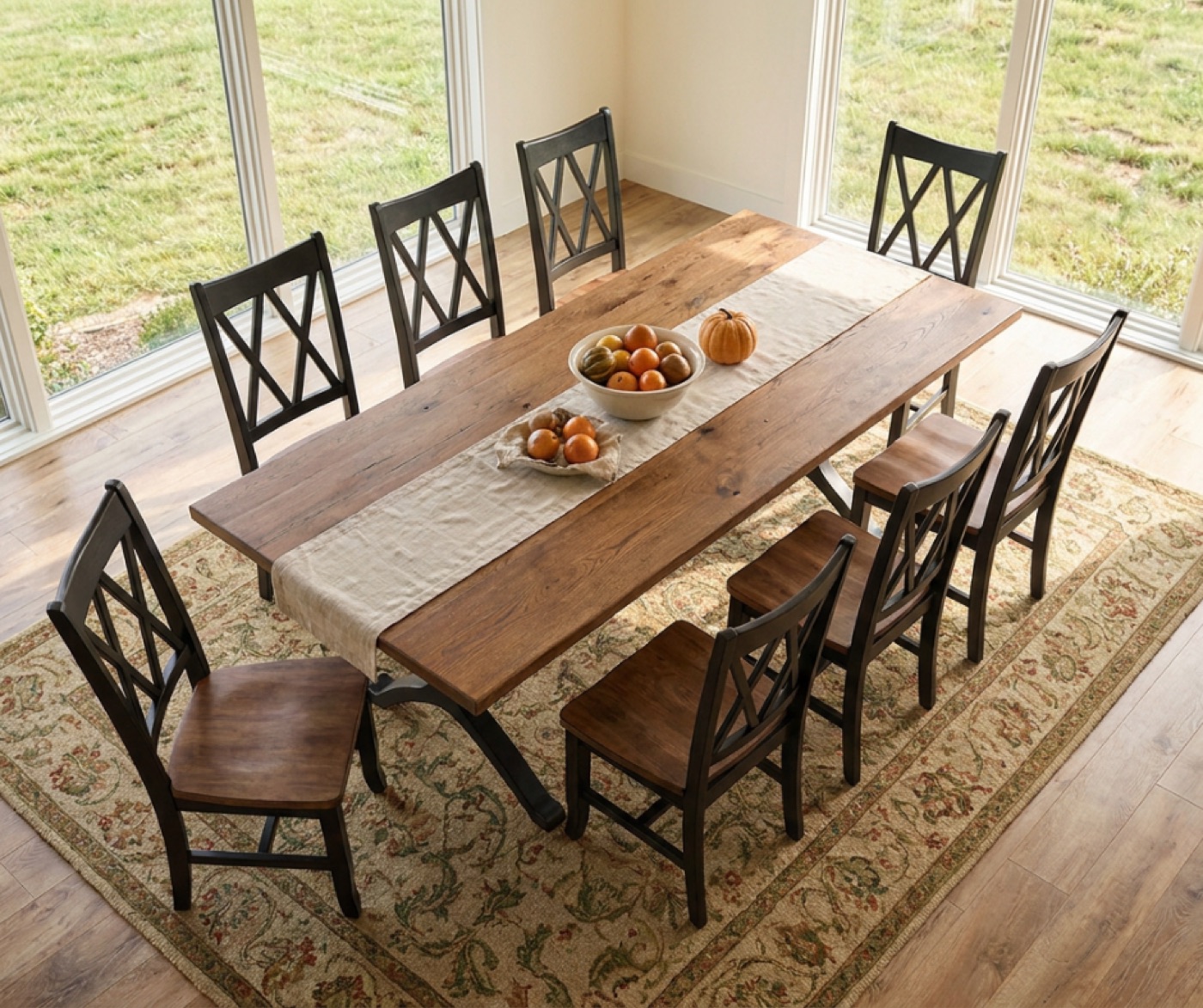 Wood table on black metal wishbone legs