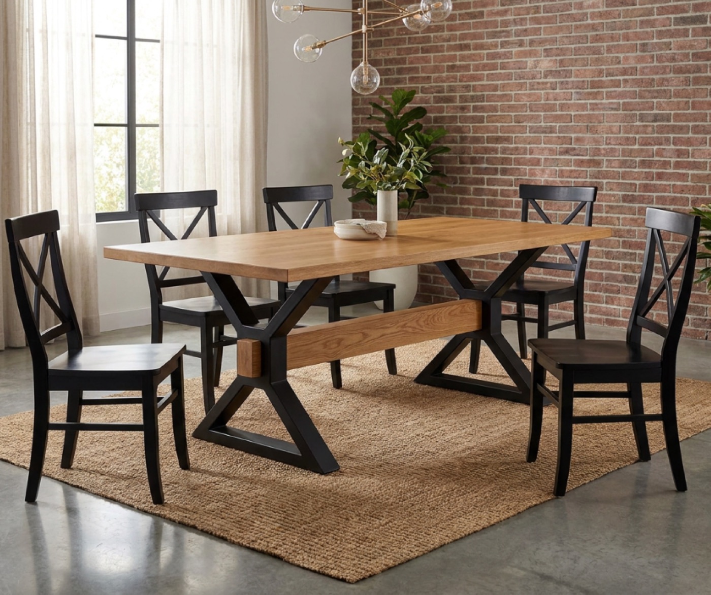 Wood table on a steel X-frame base