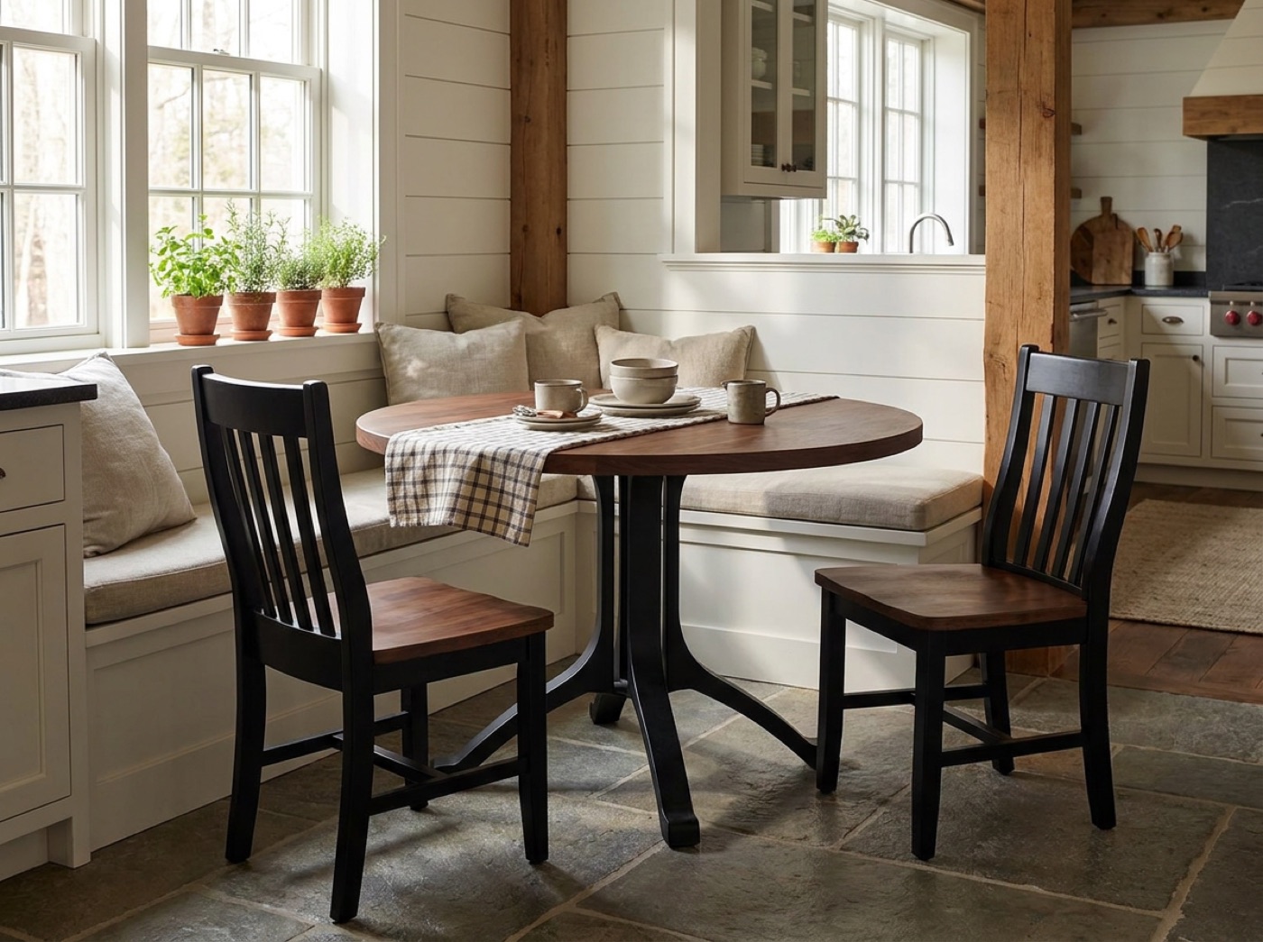 Small round pedestal table in a breakfast nook