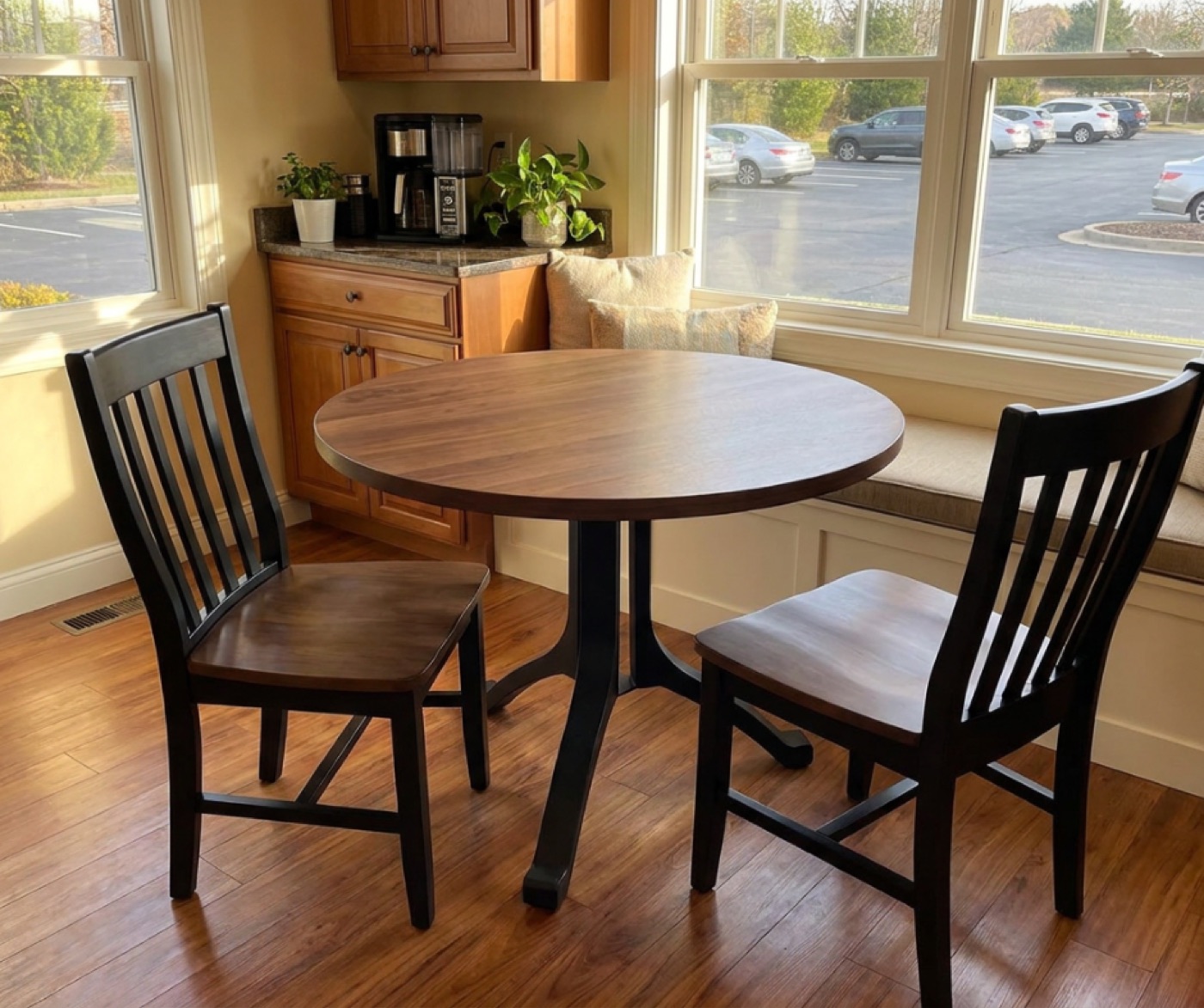Round wood table on metal legs